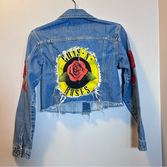 Upcycled Jackets & Blazers - Guns N Roses denim jacket up cycle crop embroidered roses distressed raw hem